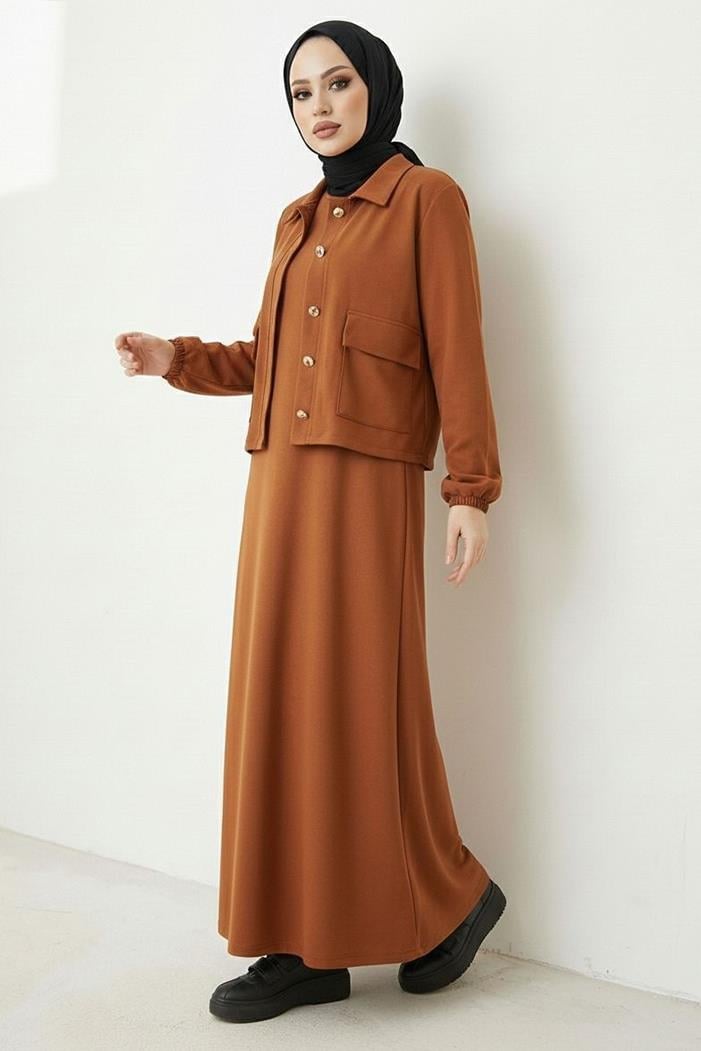 Elmina Ceket Elbise Scuba İkili Takım 1673 - Taba