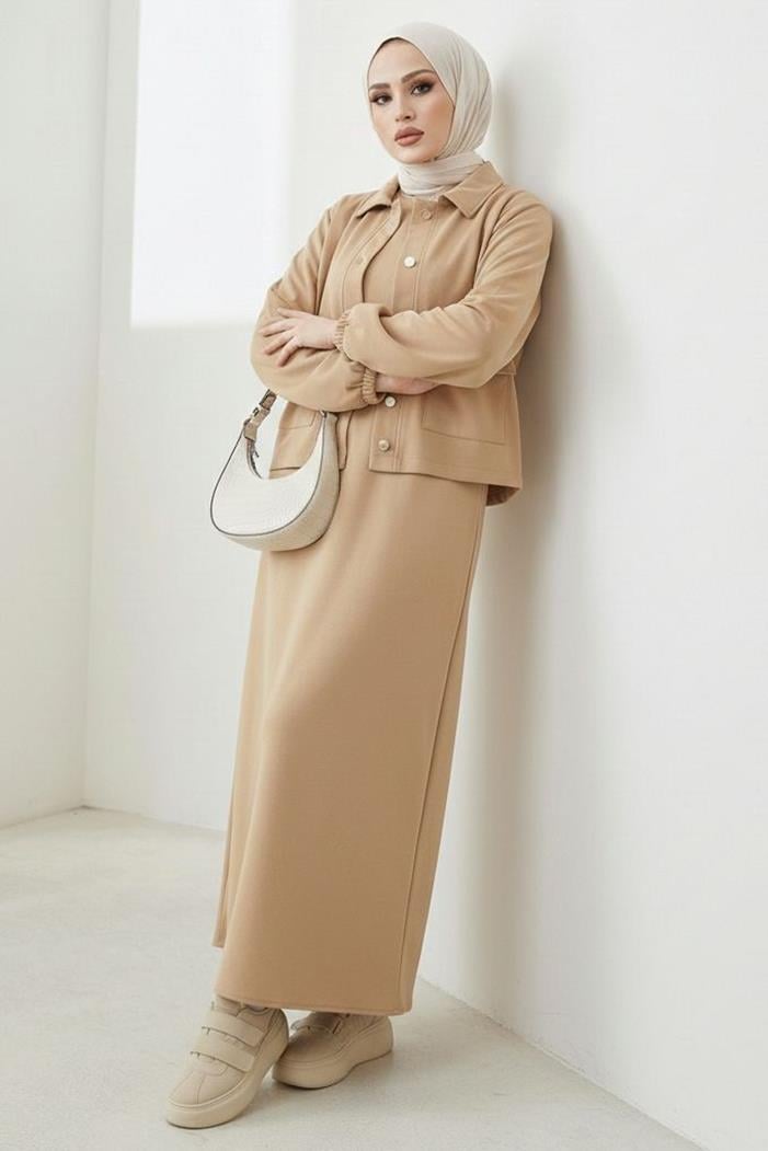 Elmina Ceket Elbise Scuba İkili Takım 1673 - Taş