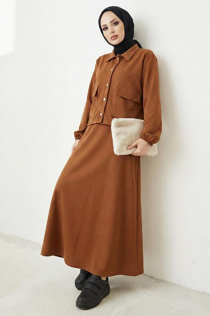 Elmina Ceket Elbise Scuba İkili Takım 1673 - Taba