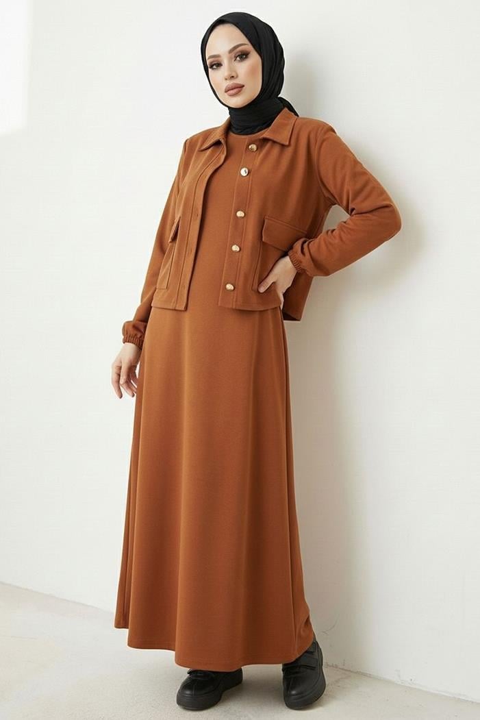 Elmina Ceket Elbise Scuba İkili Takım 1673 - Taba