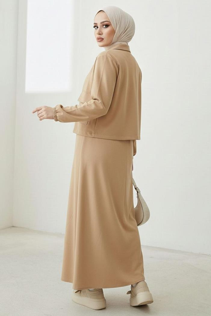 Elmina Ceket Elbise Scuba İkili Takım 1673 - Taş