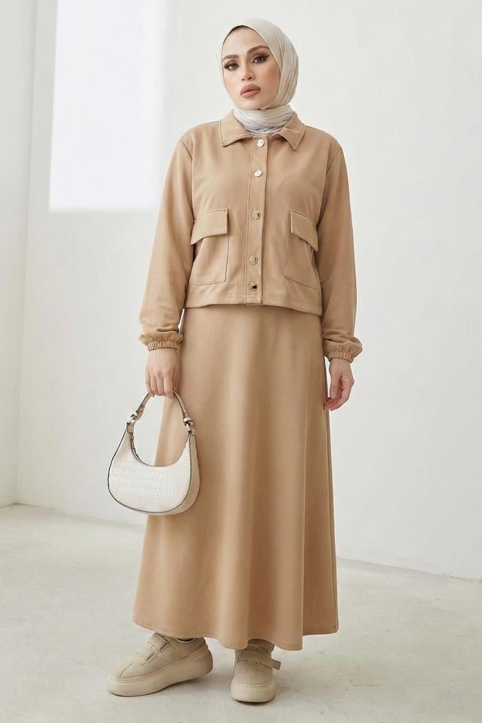 Elmina Ceket Elbise Scuba İkili Takım 1673 - Taş