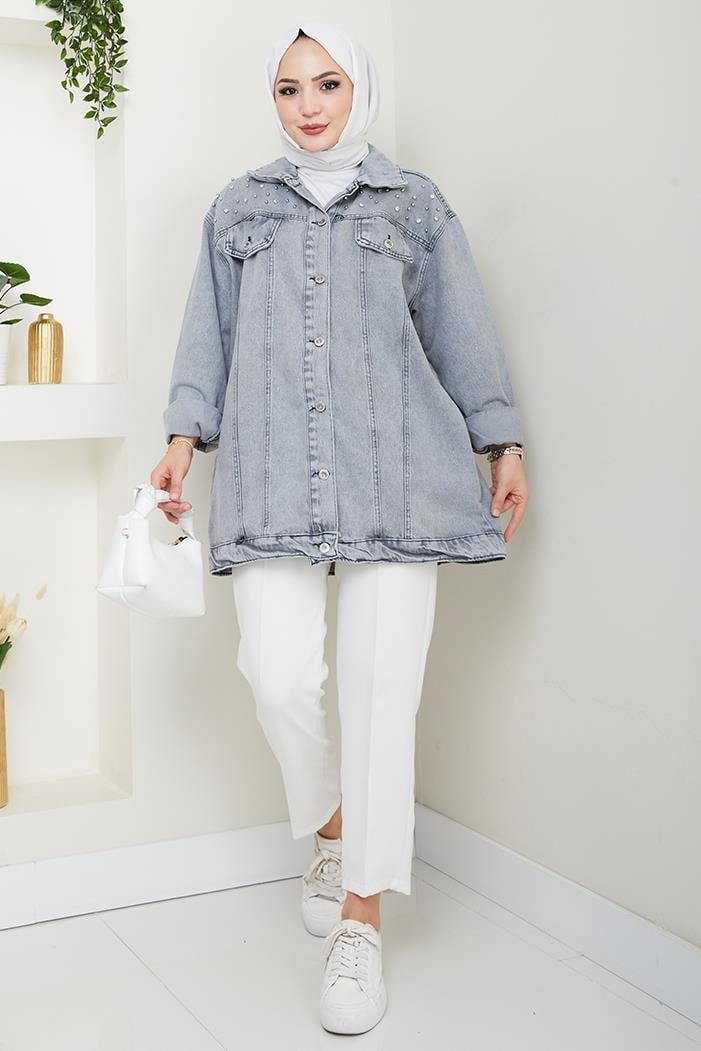 Elyez Taşlı Kot Ceket 1456 - Gri