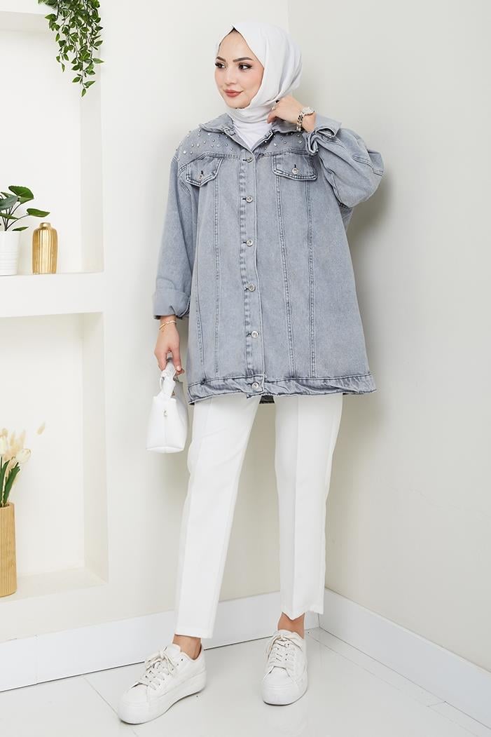 Elyez Taşlı Kot Ceket 1456 - Gri