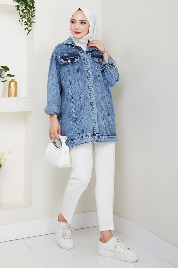 Elyez Taşlı Kot Ceket 1456 - Mavi