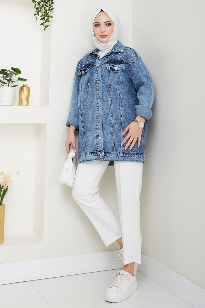 Elyez Taşlı Kot Ceket 1456 - Mavi