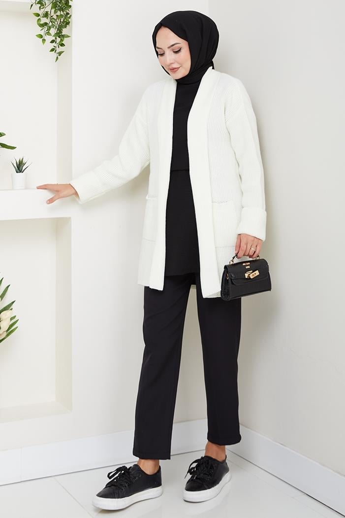 Enfil Şal Yaka Triko Hırka 1598 - Beyaz