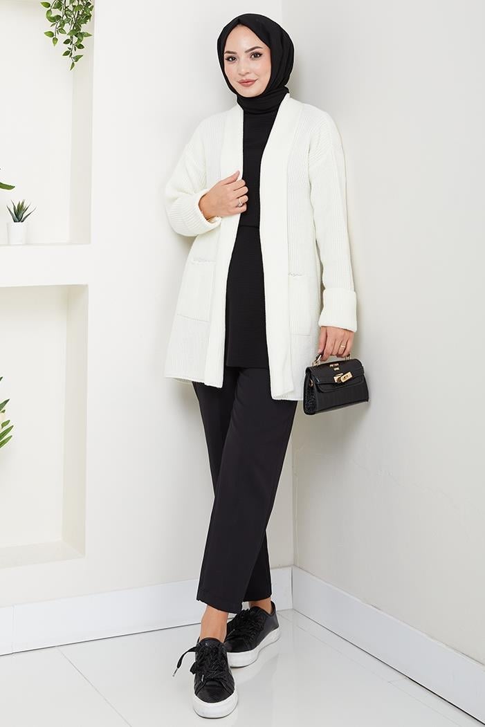 Enfil Şal Yaka Triko Hırka 1598 - Beyaz