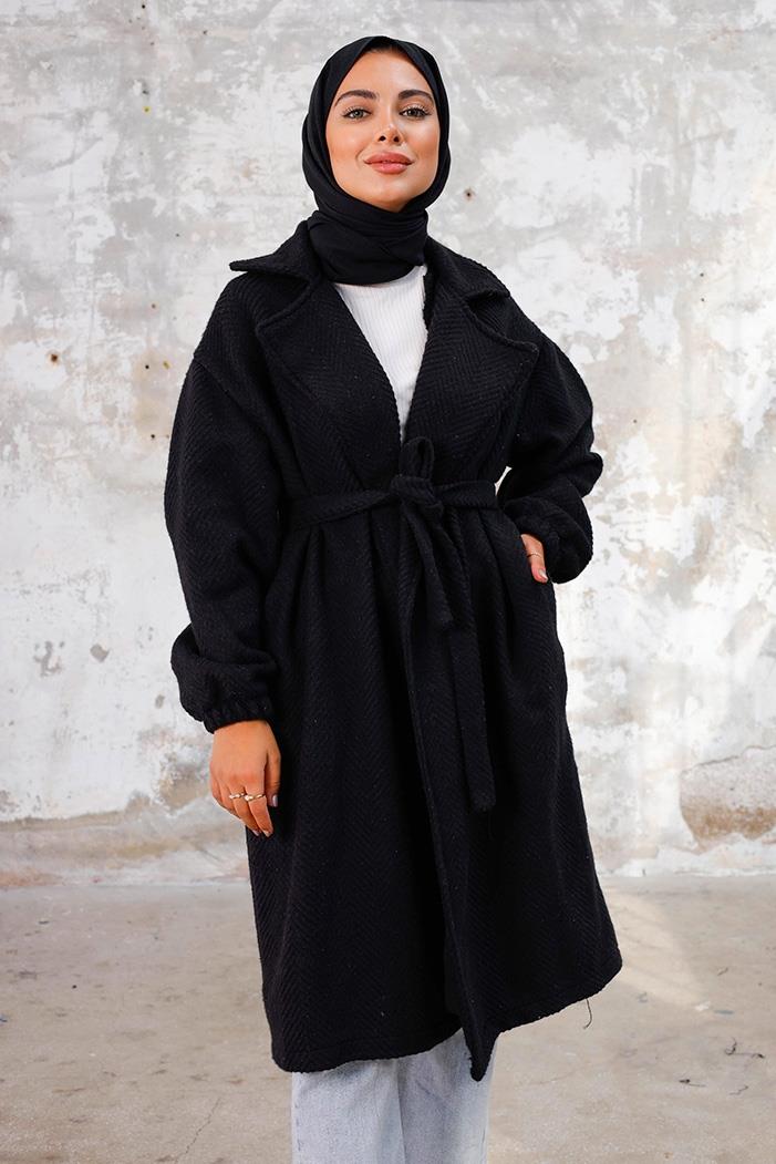 Esilay Kuşaklı Oversize Kap 1244 - Siyah