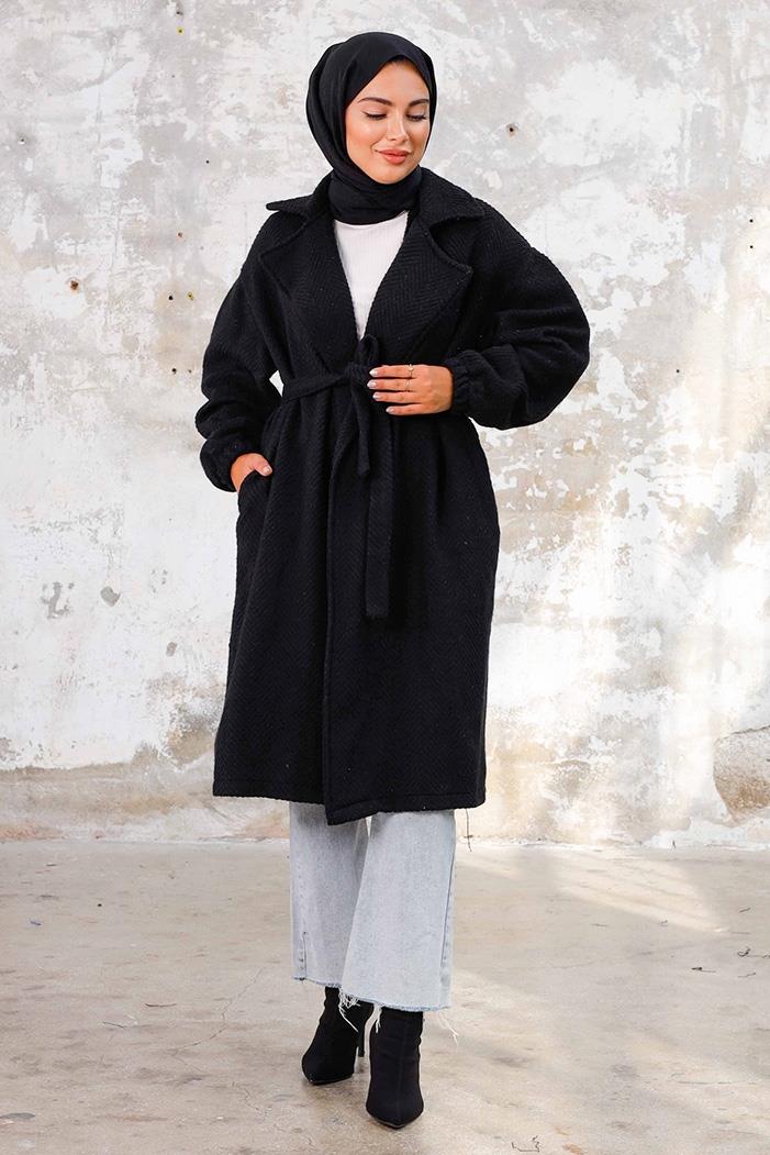 Esilay Kuşaklı Oversize Kap 1244 - Siyah