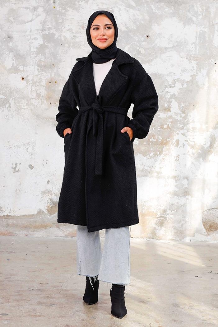 Esilay Kuşaklı Oversize Kap 1244 - Siyah