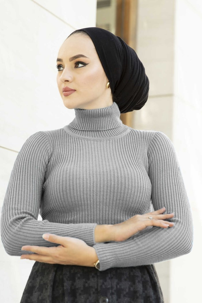 Esin Balıkçı Yaka Tesettür Triko Kazak 332 - Gri