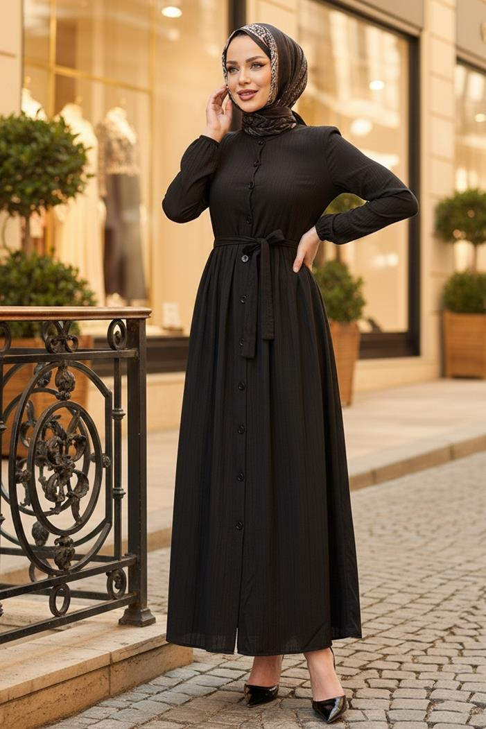 Esnel Kuşaklı Elbise  1366 - Siyah