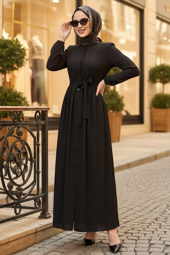 Esnel Kuşaklı Elbise  1366 - Siyah