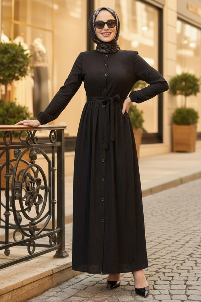Esnel Kuşaklı Elbise  1366 - Siyah