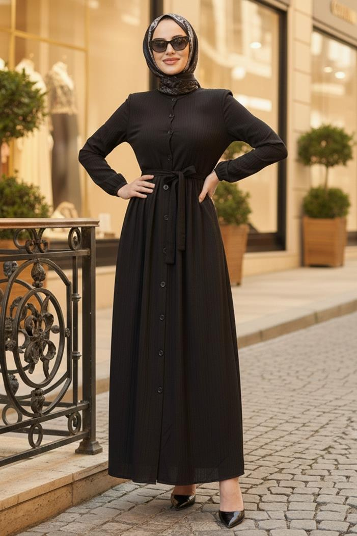 Esnel Kuşaklı Elbise  1366 - Siyah