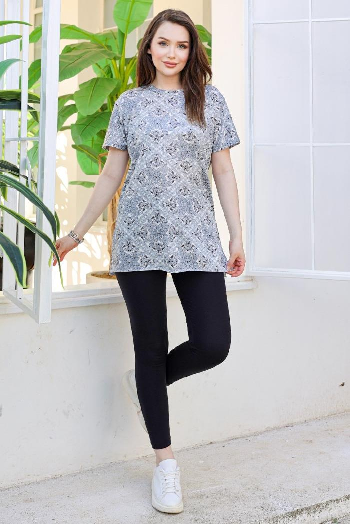 Etnik Desen Kısa Kollu Tunik 870 - Gri