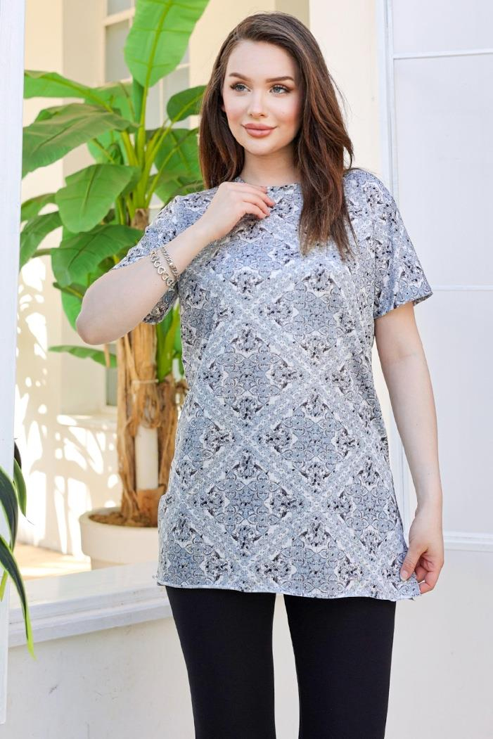 Etnik Desen Kısa Kollu Tunik 870 - Gri