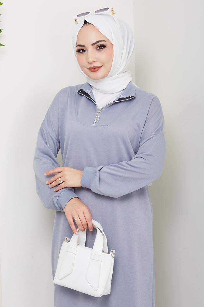 Eyzen Yarım Fermuarlı Elbise 1423 - Gri