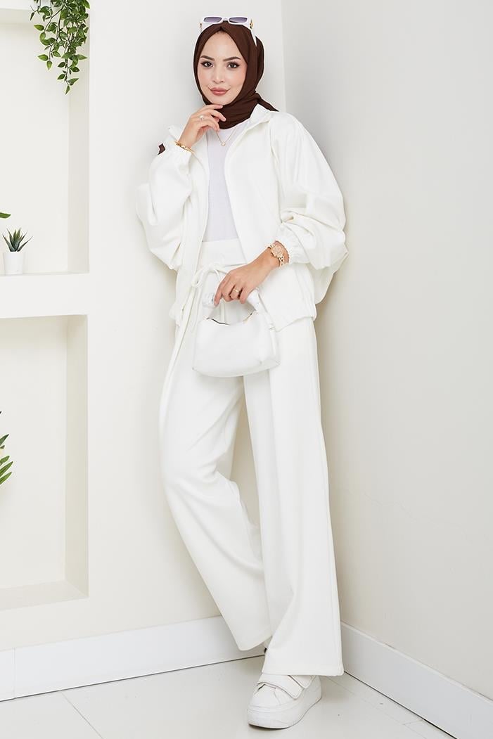 Fermuarlı Oversize Takım 1595 - Beyaz