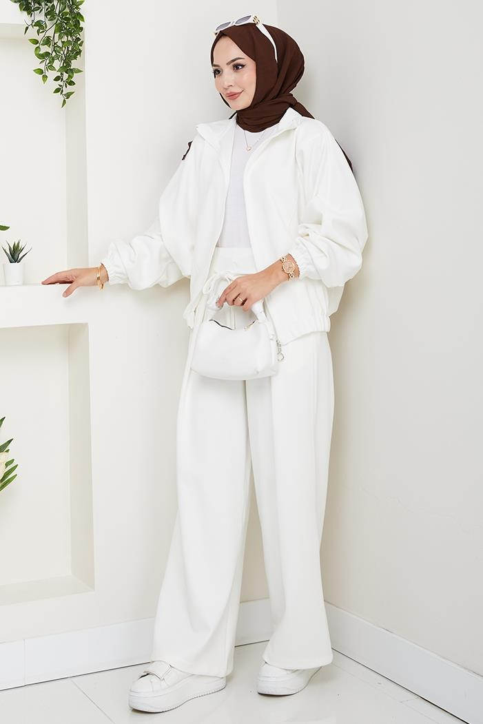 Fermuarlı Oversize Takım 1595 - Beyaz