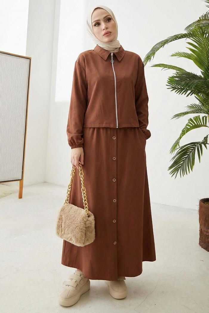 Fermuarlı Tunik Etek İkili Takım 1674 - Kahve