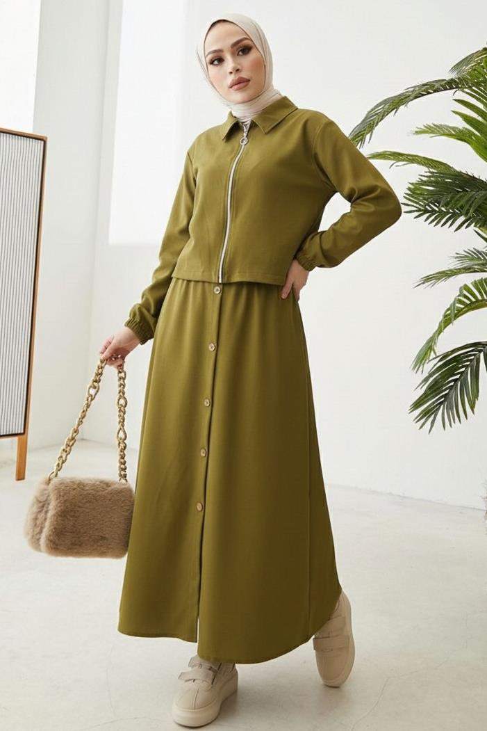 Fermuarlı Tunik Etek İkili Takım 1674 - Yağ Yeşili