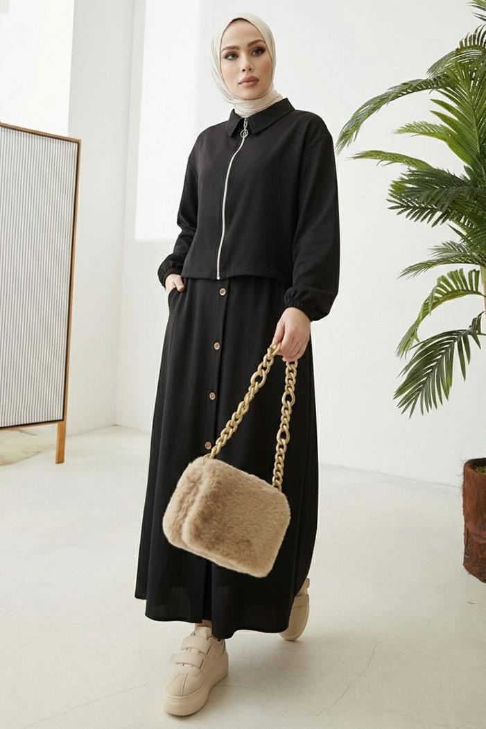 Fermuarlı Tunik Etek İkili Takım 1674 - Siyah