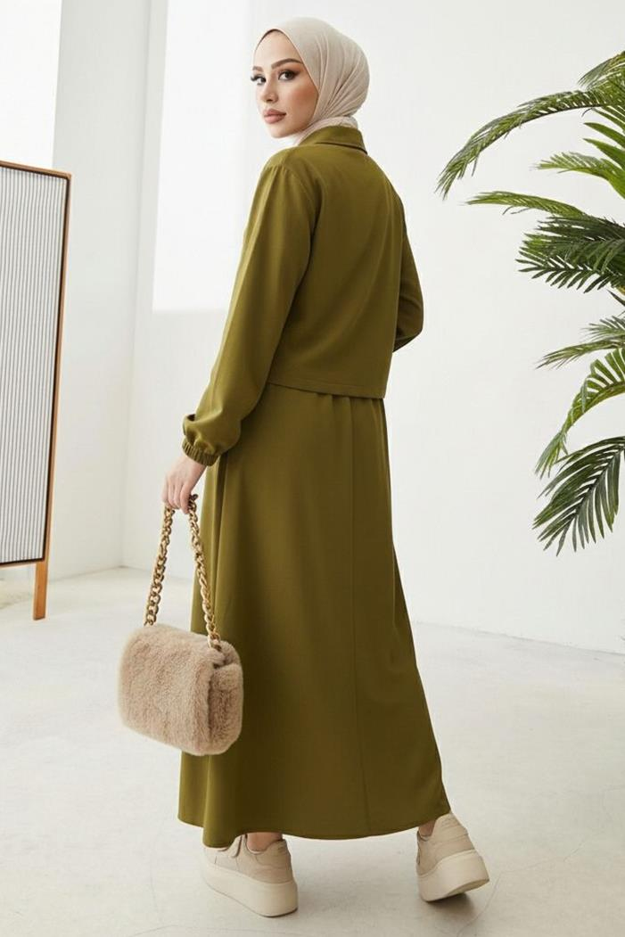 Fermuarlı Tunik Etek İkili Takım 1674 - Yağ Yeşili