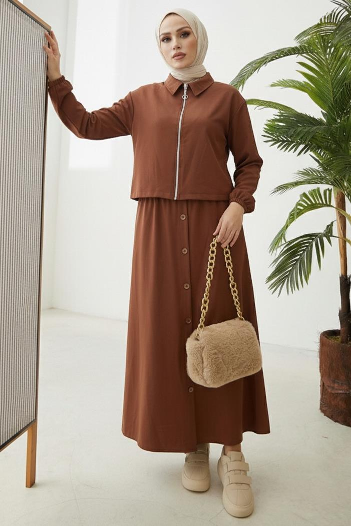 Fermuarlı Tunik Etek İkili Takım 1674 - Kahve