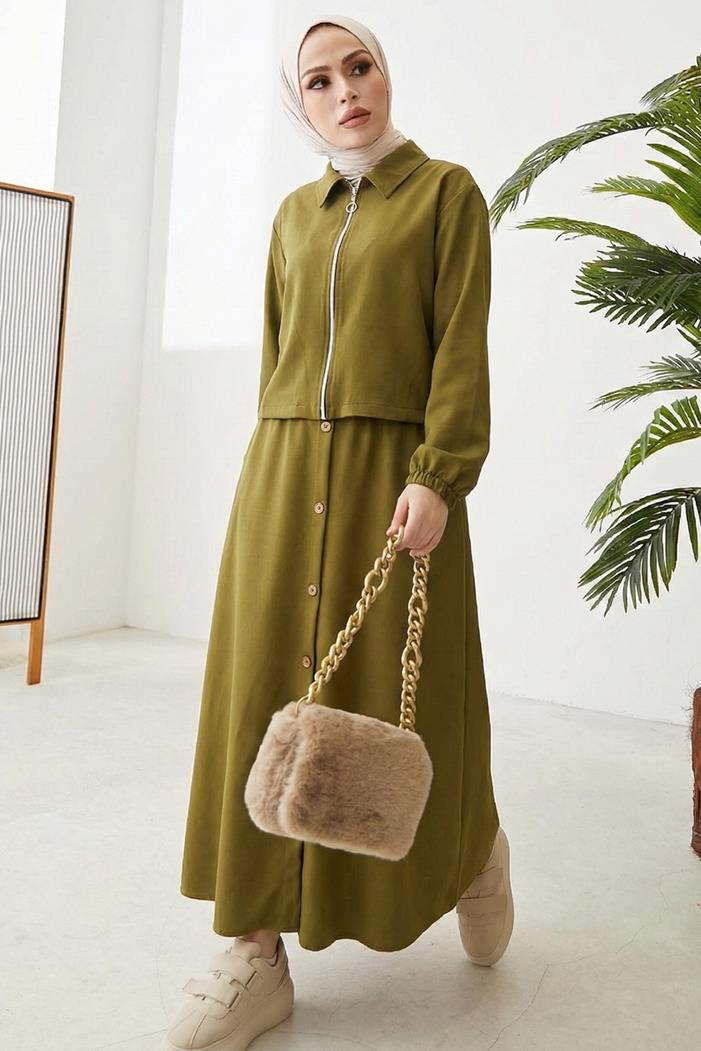 Fermuarlı Tunik Etek İkili Takım 1674 - Yağ Yeşili