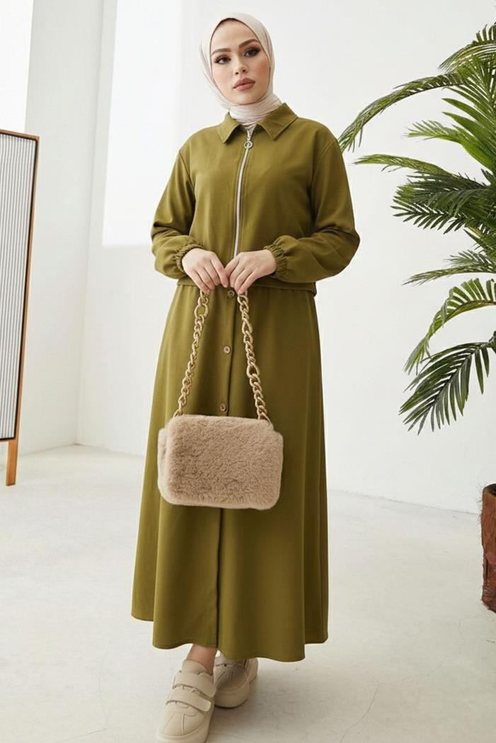Fermuarlı Tunik Etek İkili Takım 1674 - Yağ Yeşili