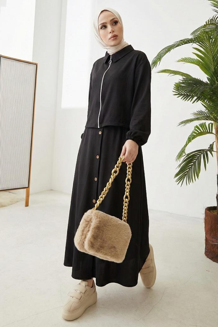 Fermuarlı Tunik Etek İkili Takım 1674 - Siyah