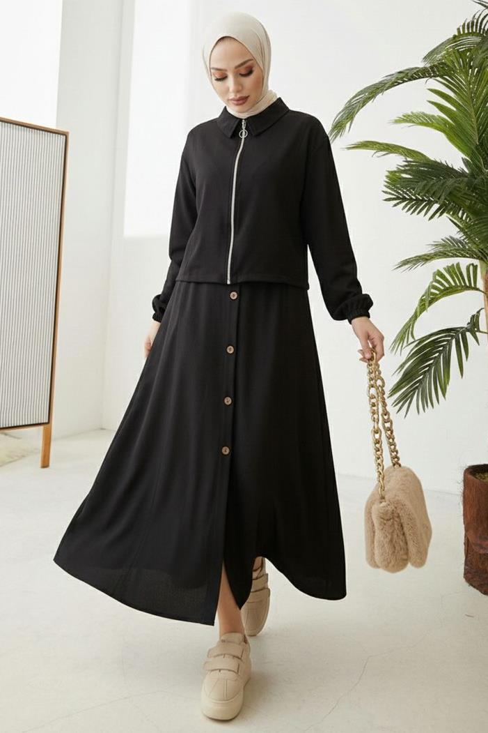 Fermuarlı Tunik Etek İkili Takım 1674 - Siyah
