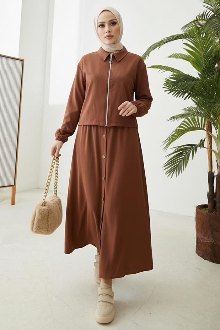 Fermuarlı Tunik Etek İkili Takım 1674 - Kahve