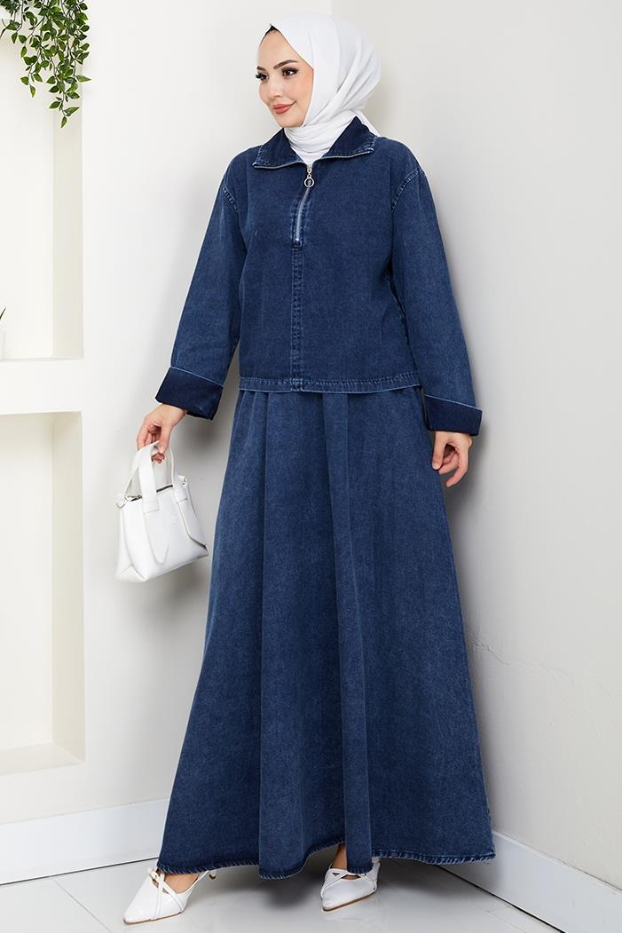Fermuarlı Tunik Etek Kot İkili Takım 1643 - Mavi