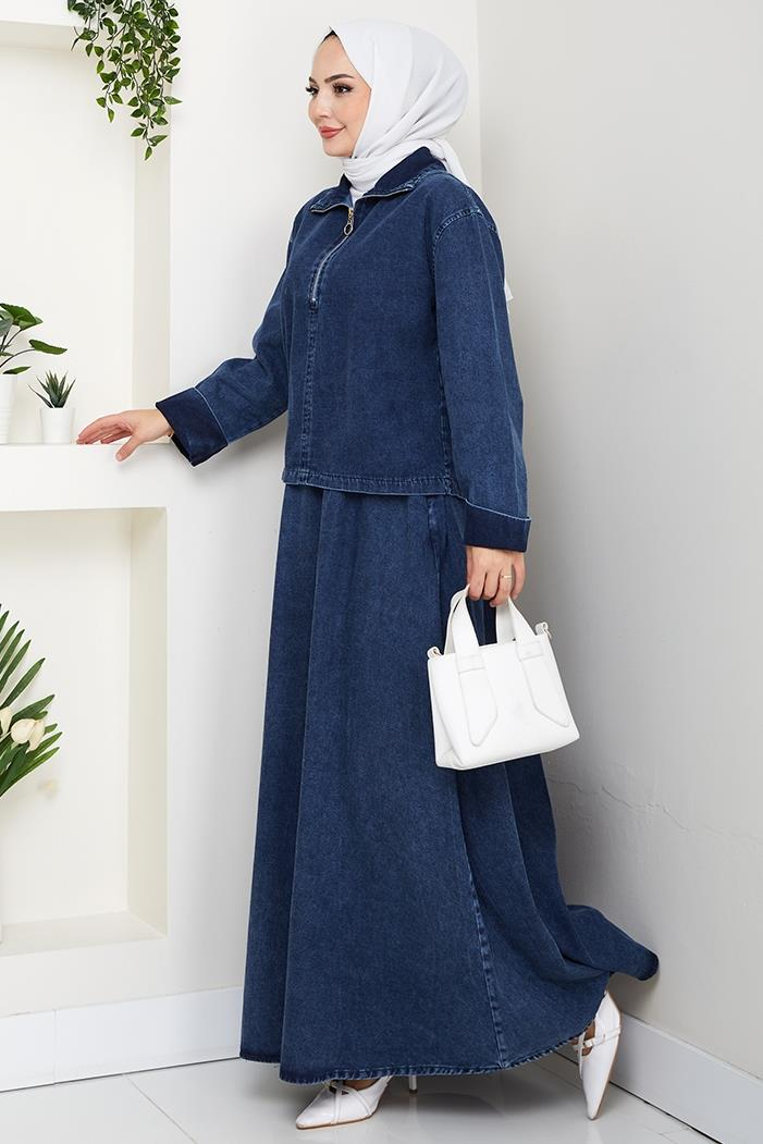 Fermuarlı Tunik Etek Kot İkili Takım 1643 - Mavi