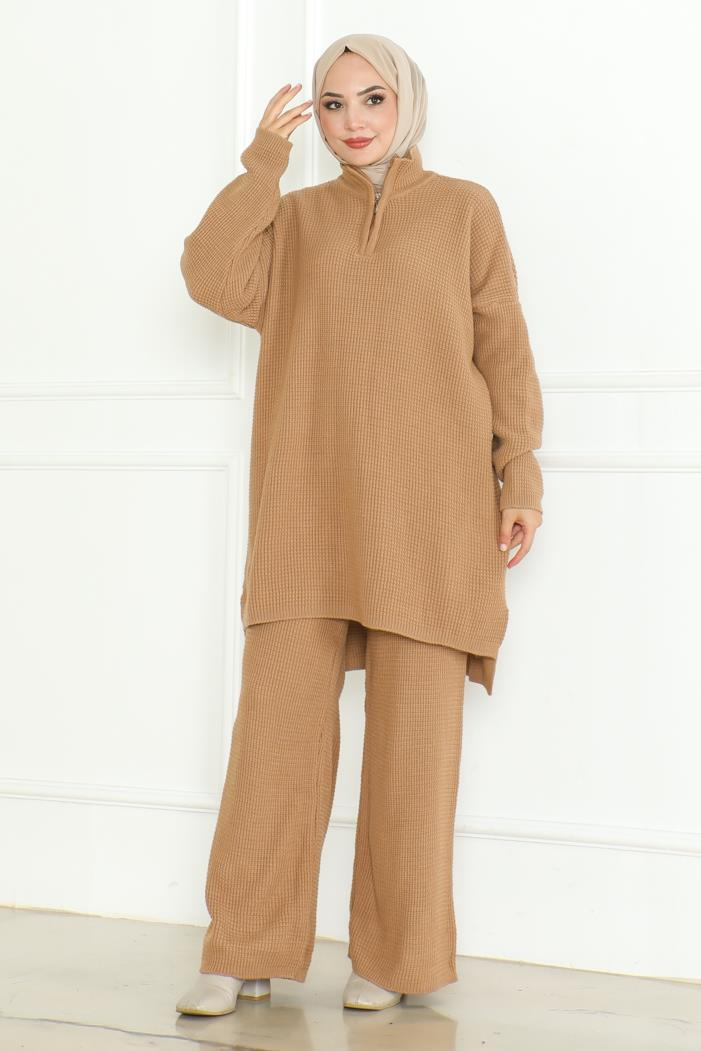 Fermuarlı Tunik Pantolon Triko Takım 1126 - Vizon