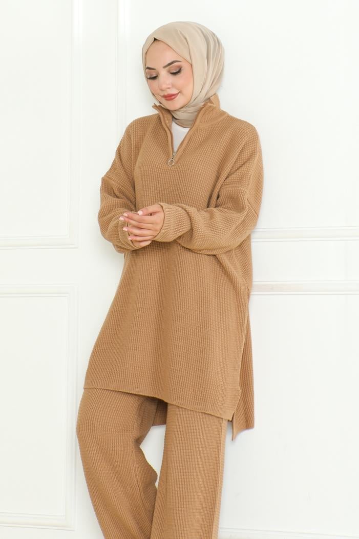 Fermuarlı Tunik Pantolon Triko Takım 1126 - Vizon