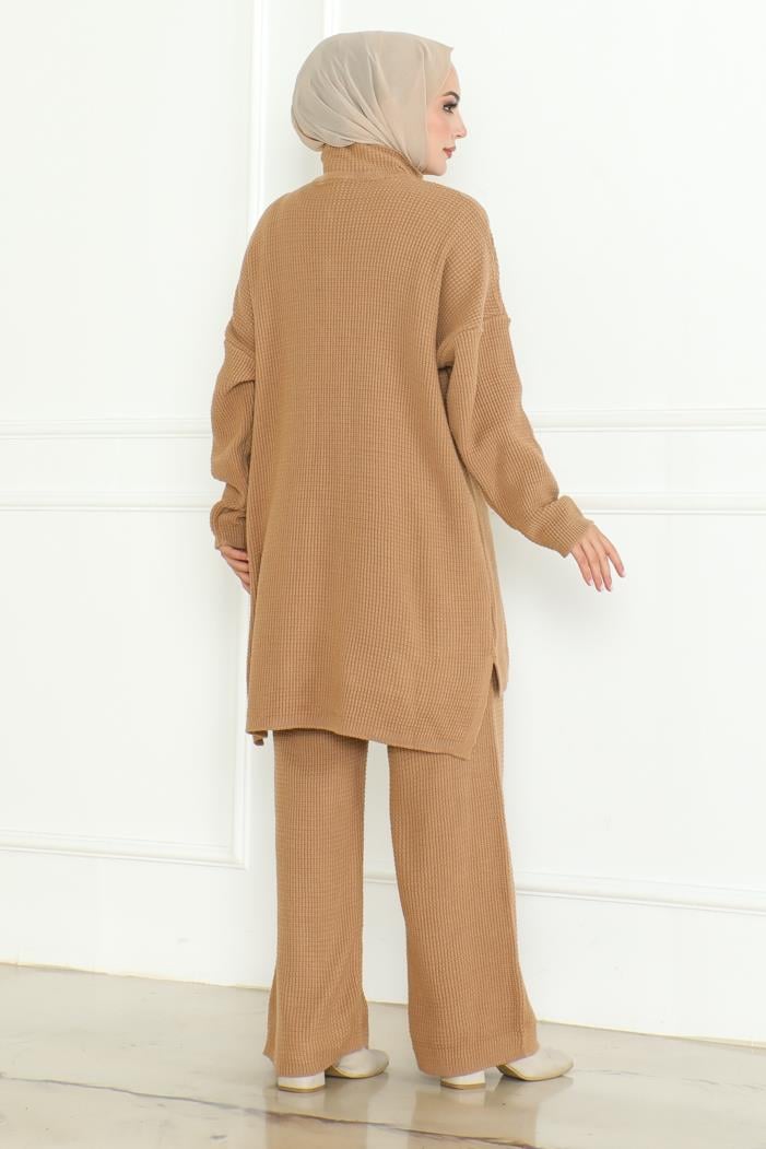 Fermuarlı Tunik Pantolon Triko Takım 1126 - Vizon