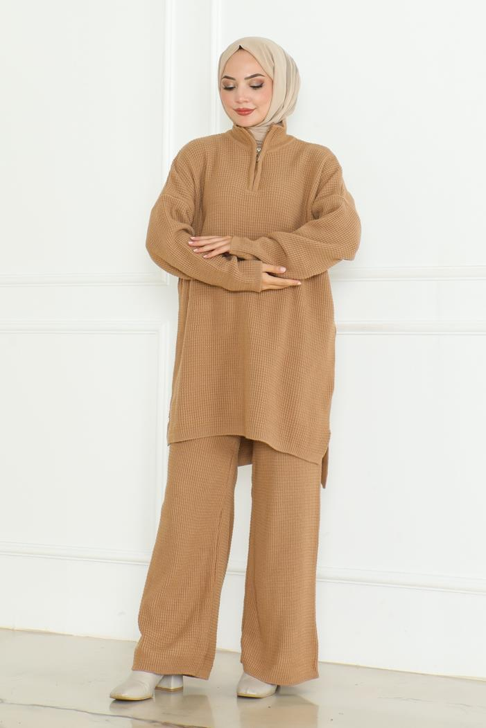 Fermuarlı Tunik Pantolon Triko Takım 1126 - Vizon