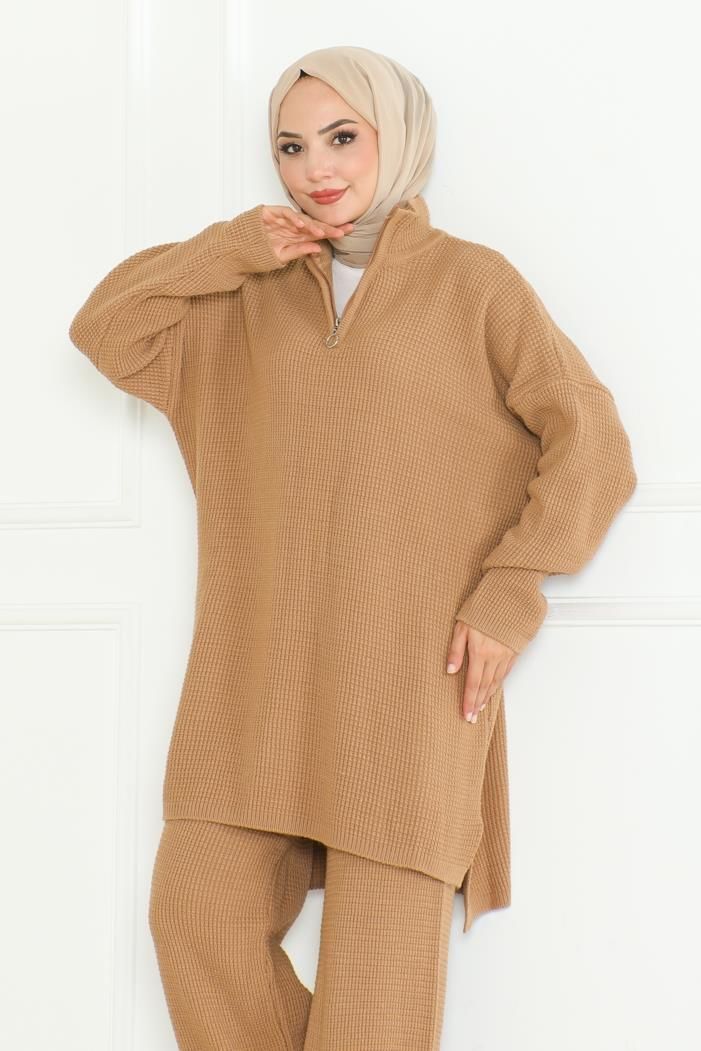 Fermuarlı Tunik Pantolon Triko Takım 1126 - Vizon