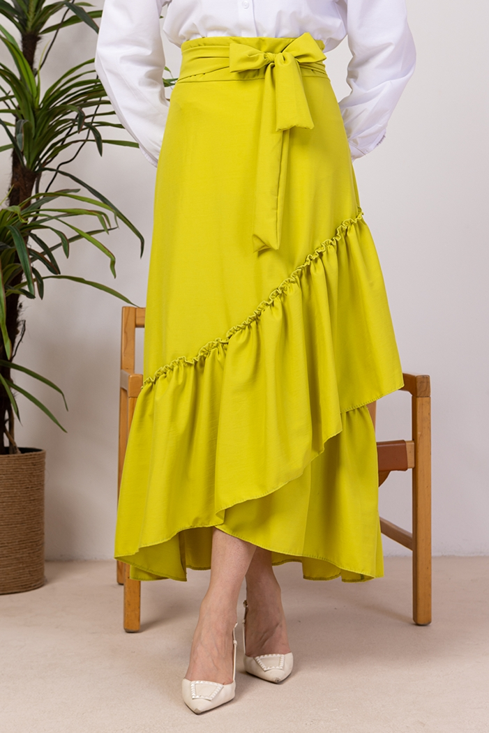 Fırfır Detaylı Kemerli Etek 1403 - Yağ Yeşili