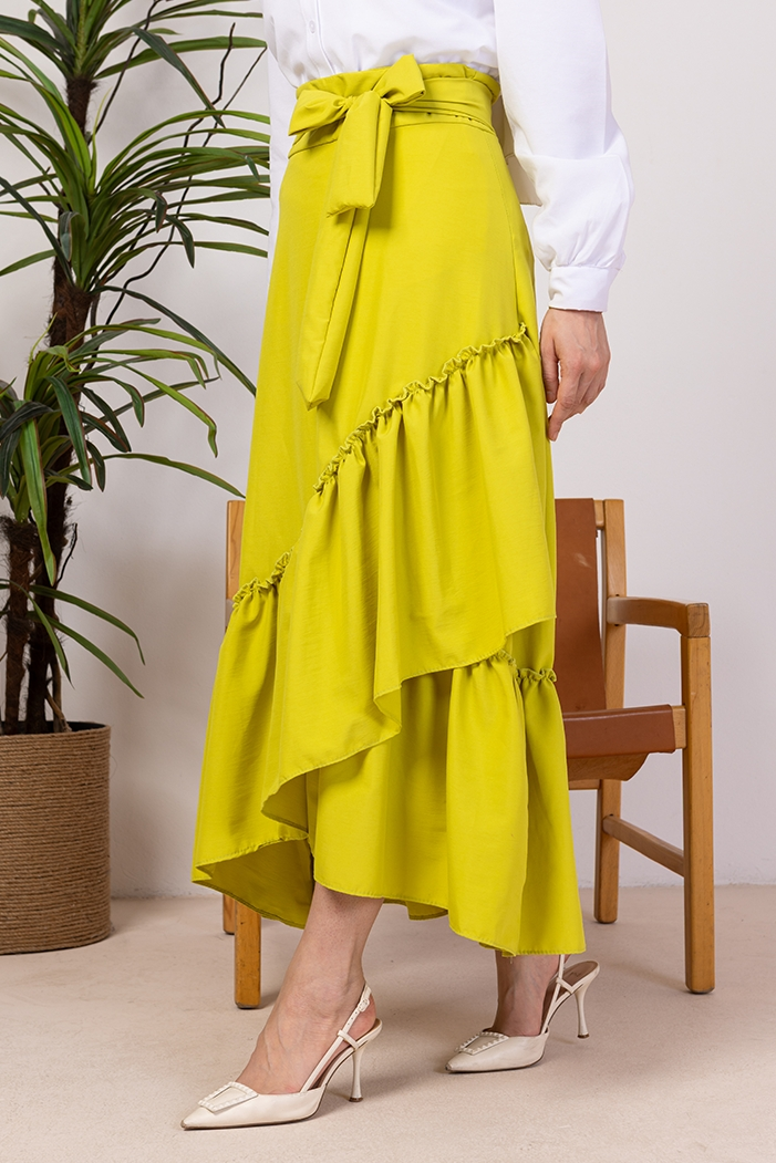 Fırfır Detaylı Kemerli Etek 1403 - Yağ Yeşili