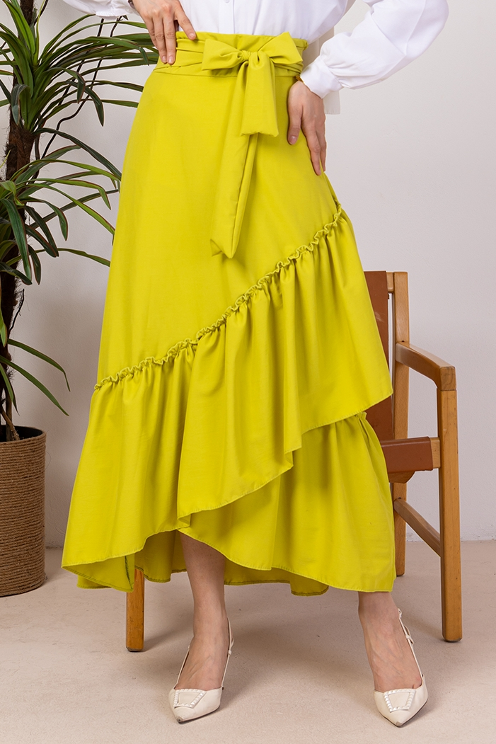 Fırfır Detaylı Kemerli Etek 1403 - Yağ Yeşili