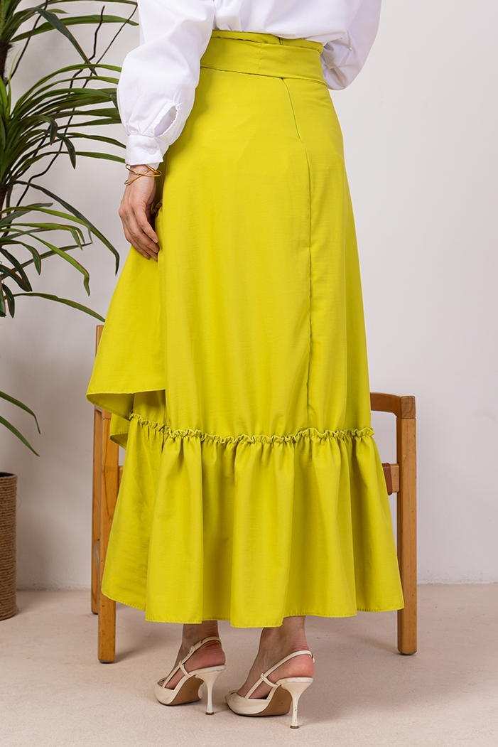 Fırfır Detaylı Kemerli Etek 1403 - Yağ Yeşili