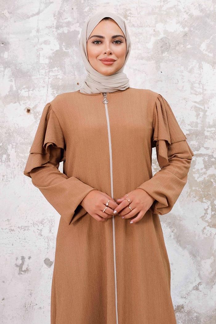 Fırfır Kol Boydan Fermuarlı Ferace 1248 - Vizon