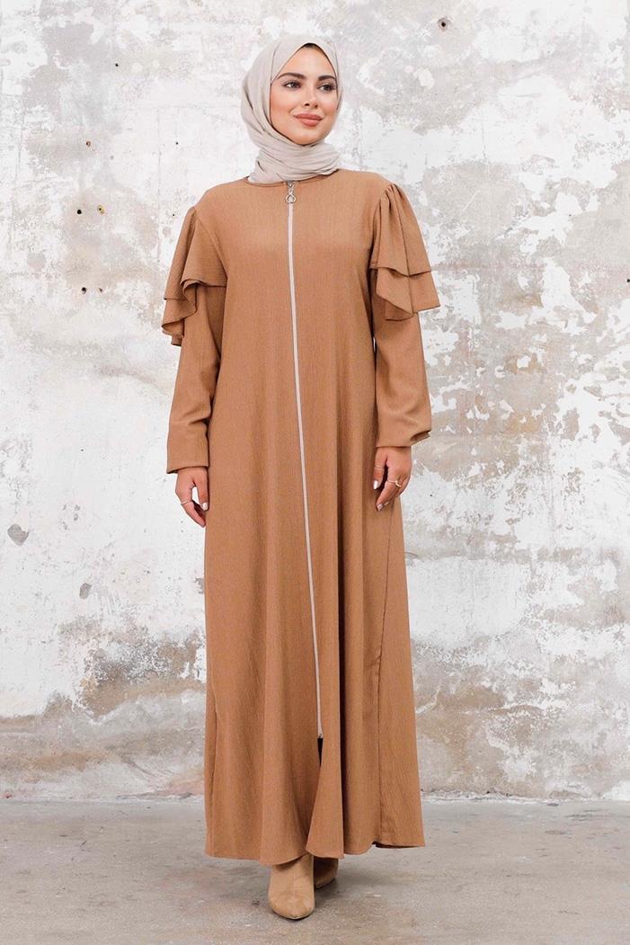 Fırfır Kol Boydan Fermuarlı Ferace 1248 - Vizon