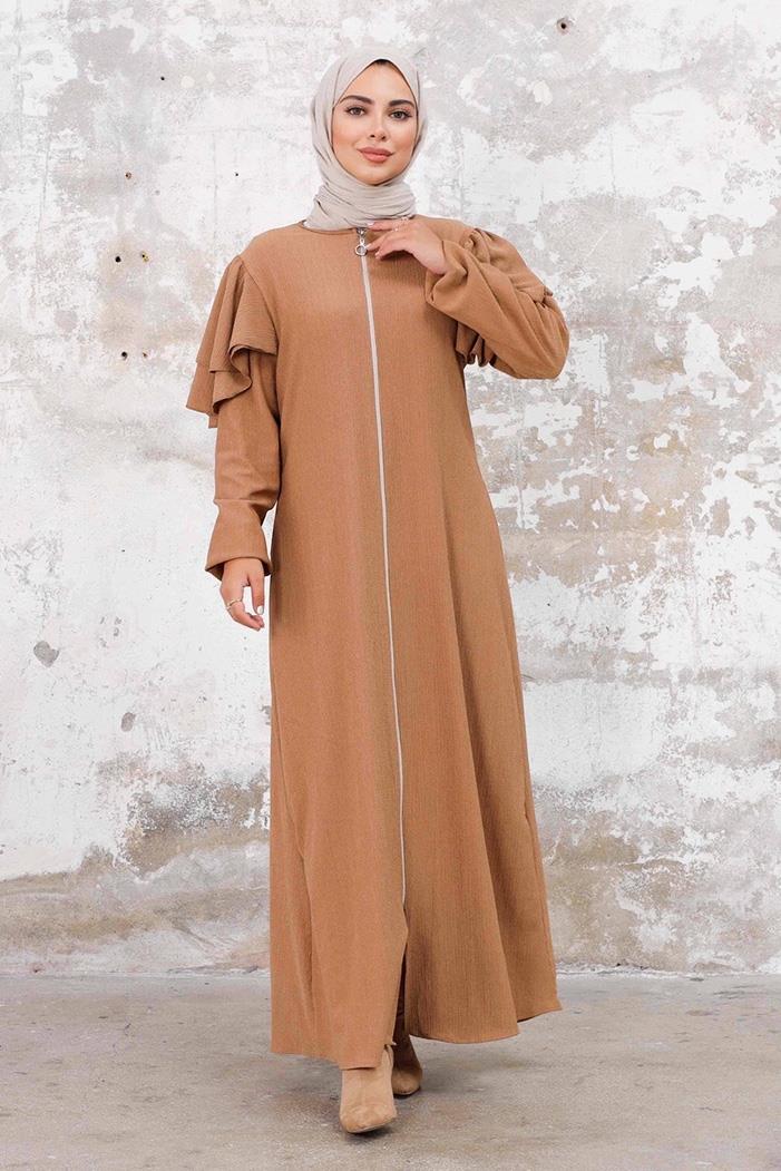 Fırfır Kol Boydan Fermuarlı Ferace 1248 - Vizon