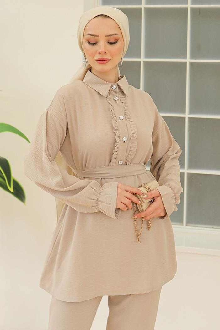 Fırfır Yaka Tunik Pantolon İkili Takım 930 - Taş